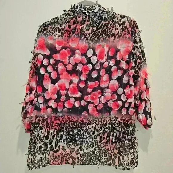 Feratelli Red Black Leopard Semi-sheer Blouse  3D accents Women's M Artsy - Picture 7 of 9